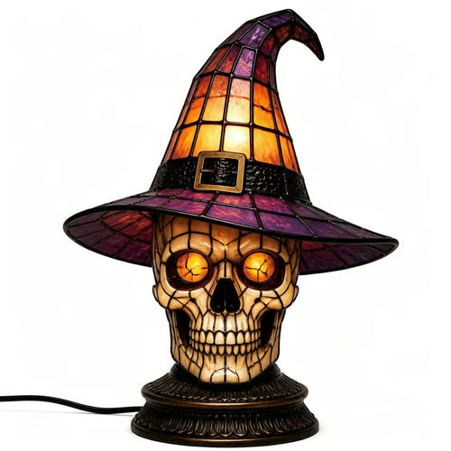 Gothic Stained Glass Witch Black Cat Table Lamp