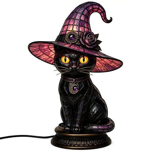 Gothic Stained Glass Witch Black Cat Table Lamp