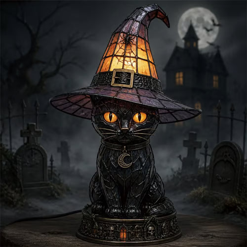 Gothic Stained Glass Witch Black Cat Table Lamp