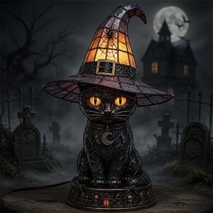Gothic Stained Glass Witch Black Cat Table Lamp