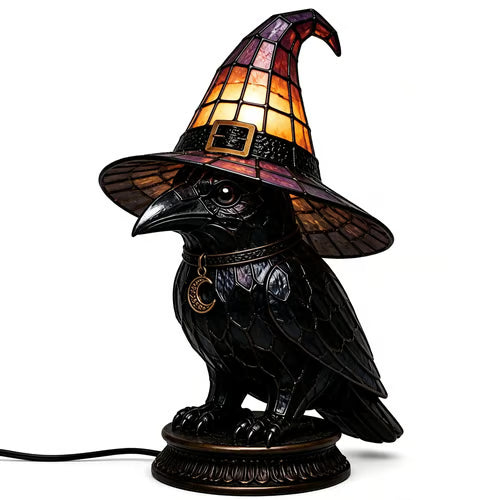Gothic Stained Glass Witch Black Cat Table Lamp