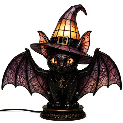 Gothic Stained Glass Witch Black Cat Table Lamp