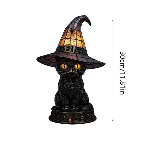 Gothic Stained Glass Witch Black Cat Table Lamp