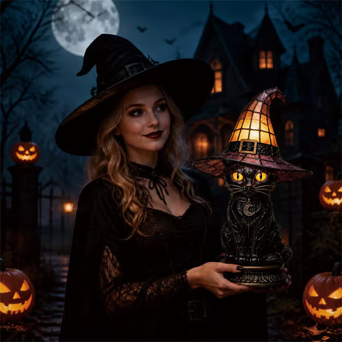 Gothic Stained Glass Witch Black Cat Table Lamp