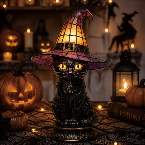 Gothic Stained Glass Witch Black Cat Table Lamp
