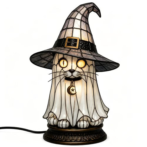 Gothic Stained Glass Witch Black Cat Table Lamp