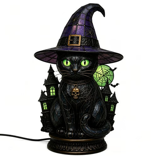 Gothic Stained Glass Witch Black Cat Table Lamp