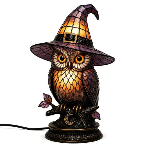 Gothic Stained Glass Witch Black Cat Table Lamp